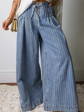 Stripe Button Pleated Drawstring Waist Wide Leg Jeans